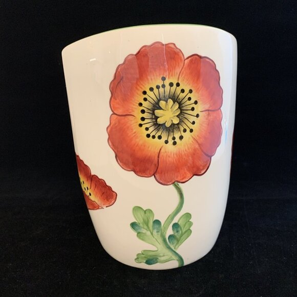 Poppies by Clay Art Hand Painted Oval Vase 7" 2001 Utensil Holder Pottery Vtg - Picture 2 of 12